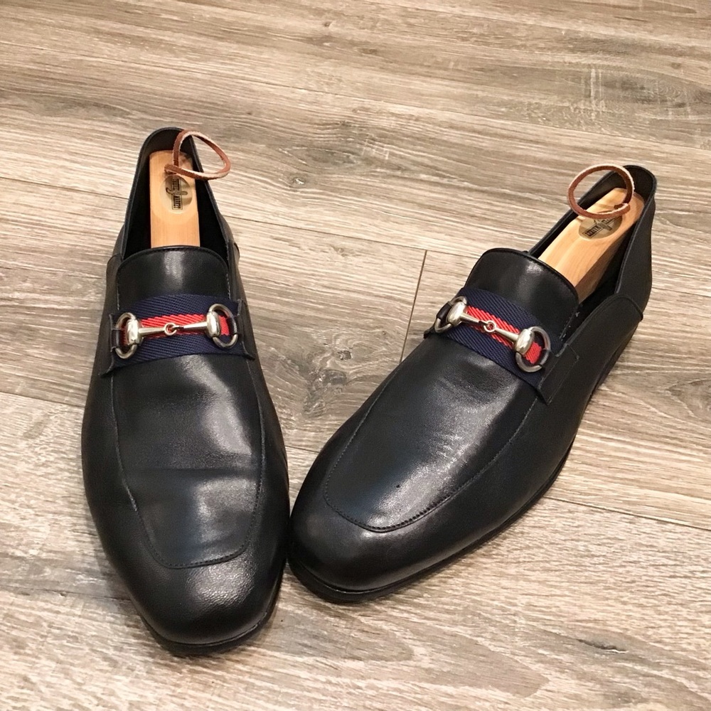 Mezlan Black Leather Slip-On Loafers with Red and Blue Accents